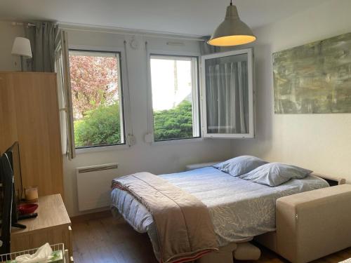 une chambre avec un lit et deux fenêtres dans l'établissement Studio Cozy centre ville Chalon-sur-Saône, à Chalon-sur-Saône