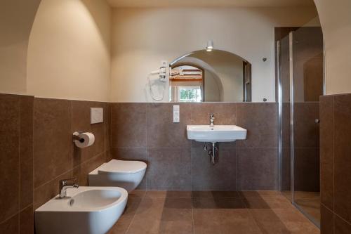 a bathroom with a sink toilet and a mirror at Kaiserau 1907 in Collalbo