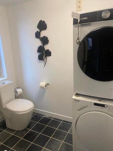 a bathroom with a toilet and a tv on the wall at Bubbles and More Guesthouse in Begijnendijk