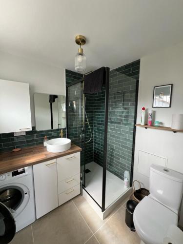 une salle de bain avec une douche, des toilettes et un lavabo dans l'établissement Studio rénové proche de la plage, à Tarnos