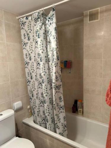 a bathroom with a toilet and a shower curtain at Apartamento Playa de Barro in Barro de Llanes