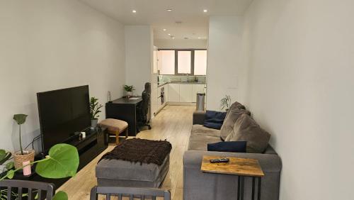 a living room with a couch and a tv at Gallions Reach - One Bed Flat in Beckton