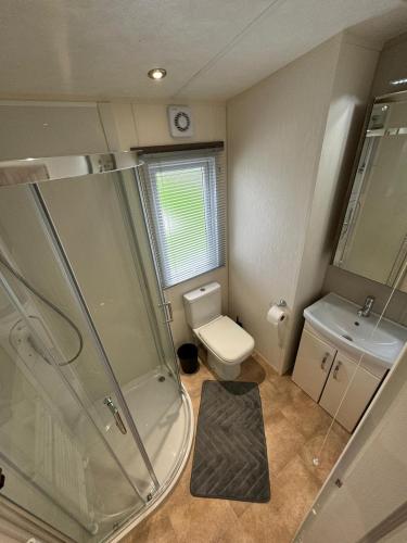a bathroom with a shower and a toilet and a sink at Golden Palm Resort - The Superior Retreat - Coastal Caravan Breaks in Chapel Saint Leonards