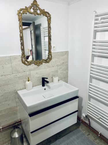a bathroom with a white sink and a mirror at Casa David 13D in Nimăeşti