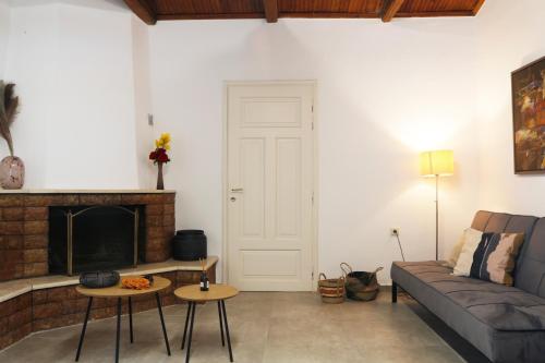 a living room with a couch and a fireplace at ELAION GAIA in Chorto