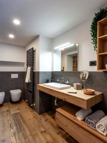 Un baño con lavabo, inodoro y espejo. en Appartamento EDELWEISS, en Baselga di Pinè