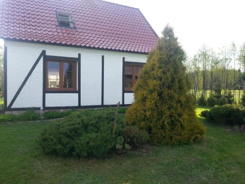 a small white house with a red roof at Wiejska Chata in Szwalk