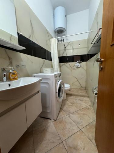 a bathroom with a toilet sink and a washing machine at Mira Orikum in Orikum