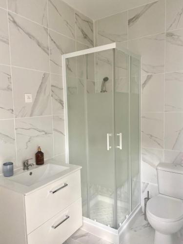 une salle de bain blanche avec douche et toilettes dans l'établissement Chambre d'hôtes équipée et neuve, à Drancy