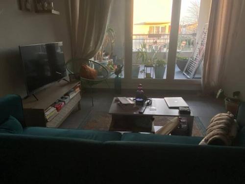 un salon avec un canapé bleu et une télévision dans l'établissement Cosy room in shared appartment, à Toulouse