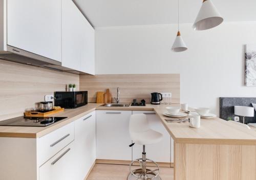 Dapur atau dapur kecil di Оазис-апартаменты у Ботанического сада и EXPO