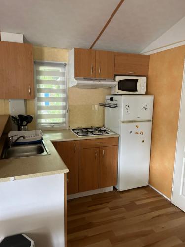 La cuisine est équipée d'un réfrigérateur blanc et d'un four micro-ondes. dans l'établissement mobil home à louer, à Thiviers