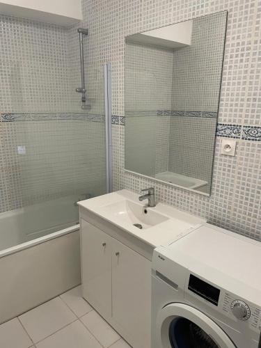 une salle de bain avec une machine à laver et un lavabo dans l'établissement Appartement meublé de 04 chambres, à Boissy-Saint-Léger