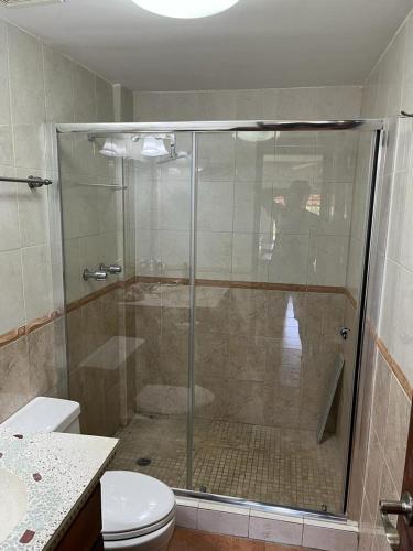 a glass shower in a bathroom with a toilet at En el Mar in Nueva Gorgona