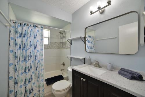a bathroom with a sink and a toilet and a mirror at The Purple Palm House in Sebring