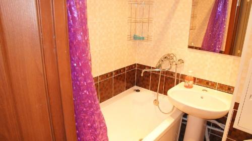 モスクワにあるApartment Proezd Yakushkinaのバスルーム(シンクの横に紫色のシャワーカーテン付)
