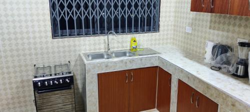 a kitchen with a sink and a stove at Purple Springs Elmina #1 in Esamang