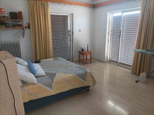 a bedroom with a bed and two large windows at Athanasia's Apartments in Nerátza