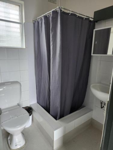 a bathroom with a toilet and a shower curtain at Inverell Motel in Inverell