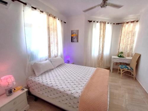 a bedroom with a bed and a desk and windows at Linkzup Playa Laguna Villa in Sosúa