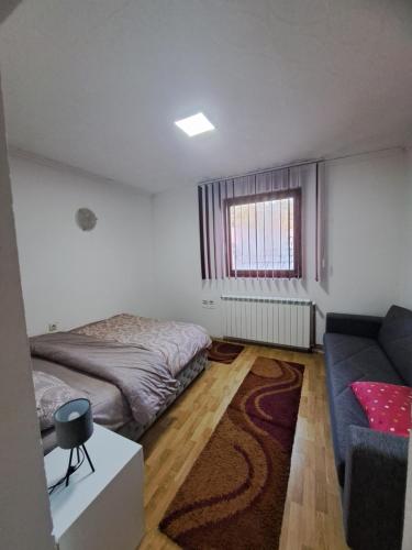 a small bedroom with a bed and a couch at Tara Bozic Apartmani in Kaludjerske Bare