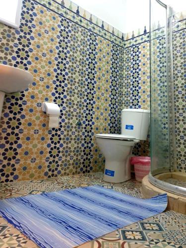 a bathroom with a toilet and a shower at DAR Casa Plasa Grande CHEFCHAOUEN in Chefchaouene
