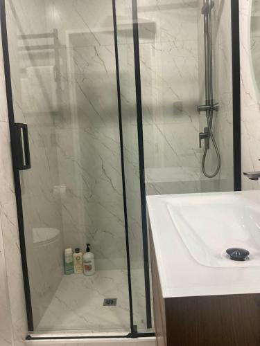 a shower with a glass door next to a sink at Holiday Home Papatoetoe 101 in Auckland