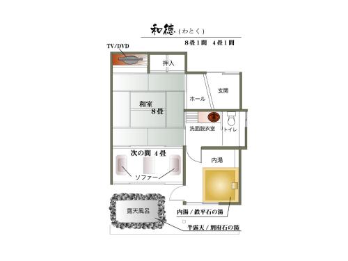 a floor plan of a small house with markup at 徳の宿 ふぶ庵 in Beppu