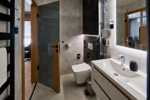 a bathroom with a sink and a toilet and a shower at GRANDIS Premium Apartments in Gödöllő