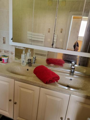 La salle de bains est pourvue d'un lavabo et d'une serviette rouge. dans l'établissement maison familiale très fonctionnelle, à Schwindratzheim