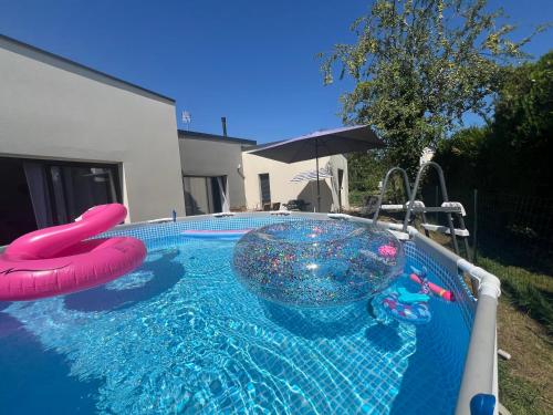 une piscine avec un bol dans l'eau dans l'établissement Quiniere - Entre Lac et Forêt - hébergement indépendant avec espace kitchenette, à Blois