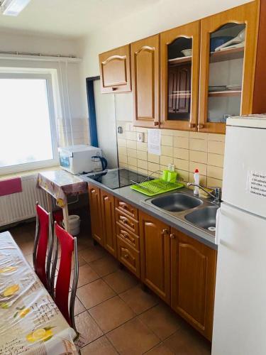 a kitchen with a sink and a white refrigerator at Turistická ubytovňa in Rozhanovce