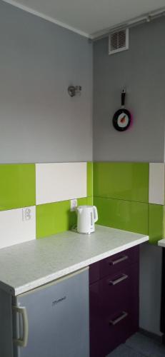 a kitchen with green and white walls and a counter at Pepe Apartment 40 mkw in Szczecin