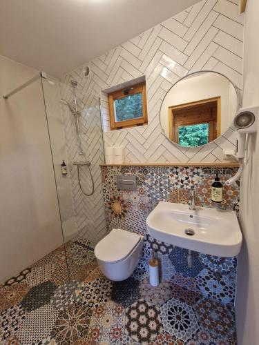 a bathroom with a sink and a toilet and a mirror at Anna i Halina in Sztutowo