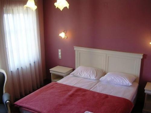 a bedroom with a bed with a red wall at Hotel Monodendri in Monodendri