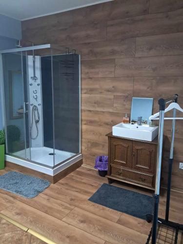 a bathroom with a shower and a sink and a shower at Cottage Room- Agroturystyka in Strzegowo-Osada