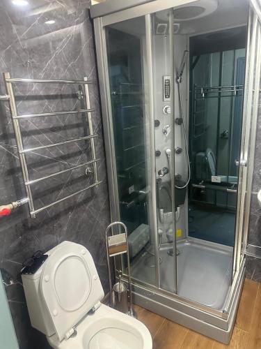 a bathroom with a toilet and a shower with a shower at Samal-2 Hotel in Almaty