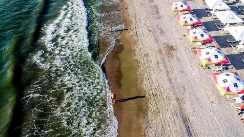 an overhead view of a beach with rows of boats at Hotel Hawaii in Mamaia