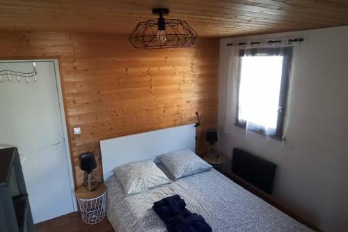 une chambre avec un lit dans une pièce en bois dans l'établissement Appartement t2 Bourg d'Oisans, au Bourg-dʼOisans