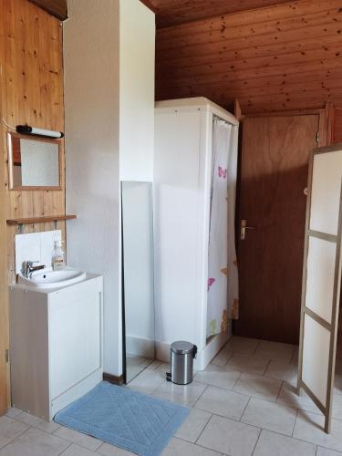 a small bathroom with a sink and a shower at Chambre d'hôte les écureuils in Goldbach