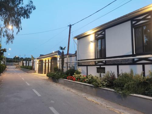 an empty street next to a building with flowers at Sunnyside Bilgah villa 2 in Baku