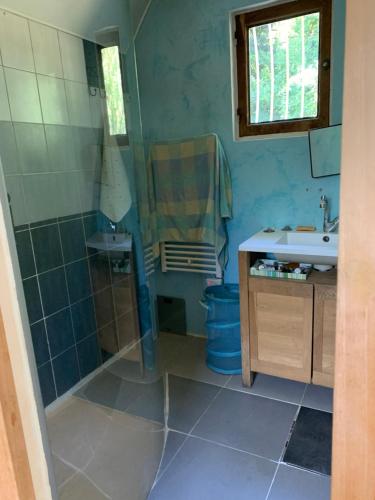 un baño con ducha y lavabo en Au coeur des arbres, en Dieulefit