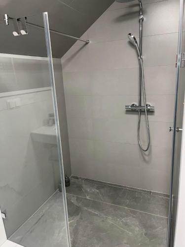 a shower with a glass door in a bathroom at Szarów 414 in Szarów