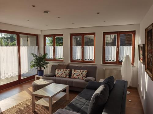 un soggiorno con un divano e un tavolo di Ferienwohnung Im Himmelreich, 83 qm, ruhig gelegen, optimal für Familien, Küche, Waschmaschine und Trockner a Deggendorf