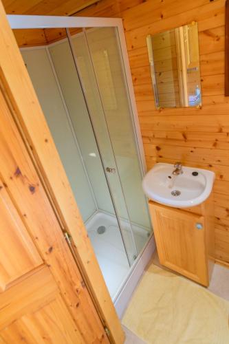 a bathroom with a shower and a sink at Roulotte-Quinta La Grange d Emile in Blandas