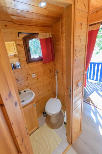 a small bathroom with a toilet and a sink at Roulotte-Quinta La Grange d Emile in Blandas