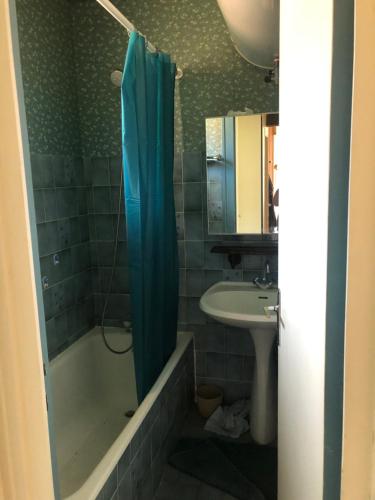 La salle de bains est pourvue d'une douche, d'une baignoire et d'un lavabo. dans l'établissement appartement centre ville pleine nature, à Nyons