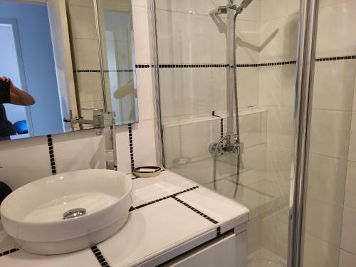 une salle de bain blanche avec un lavabo et une douche dans l'établissement T2 Saint cyr sur mer proche de la plage, à Saint-Cyr-sur-Mer