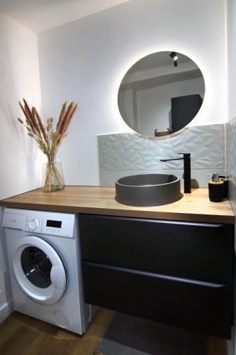 une salle de bain avec un lavabo et une machine à laver dans l'établissement Caoubère, à Bagnères-de-Bigorre