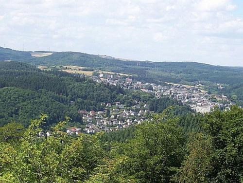 a town in the middle of a valley with trees at Ferienwohnung Vulkaneifel in Daun
